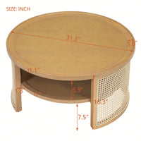 2-Tiered Round Wood Coffee Table With Storage Rattan Base