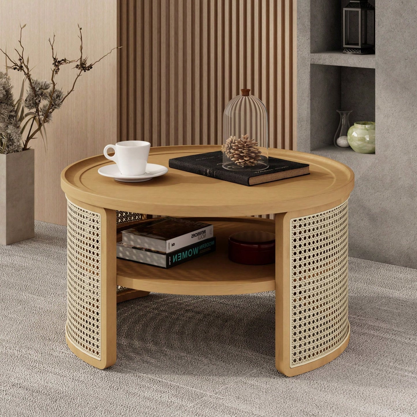 2-Tiered Round Wood Coffee Table With Storage Rattan Base