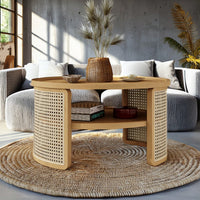 2-Tiered Round Wood Coffee Table With Storage Rattan Base