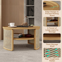 2-Tiered Round Wood Coffee Table With Storage Rattan Base