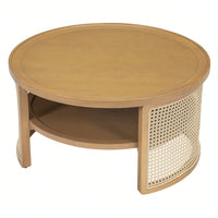 2-Tiered Round Wood Coffee Table With Storage Rattan Base