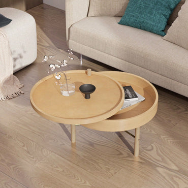 Modern Round Wood Rotating Tray Coffee Table With Storage & Metal Legs