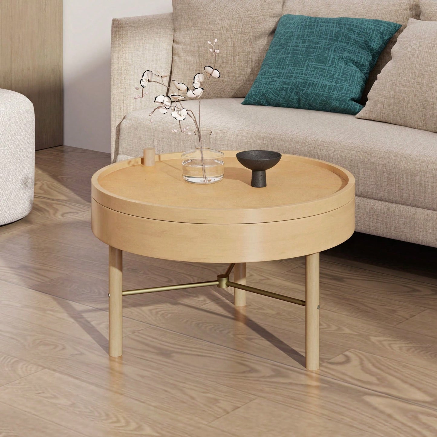 Modern Round Wood Rotating Tray Coffee Table With Storage & Metal Legs