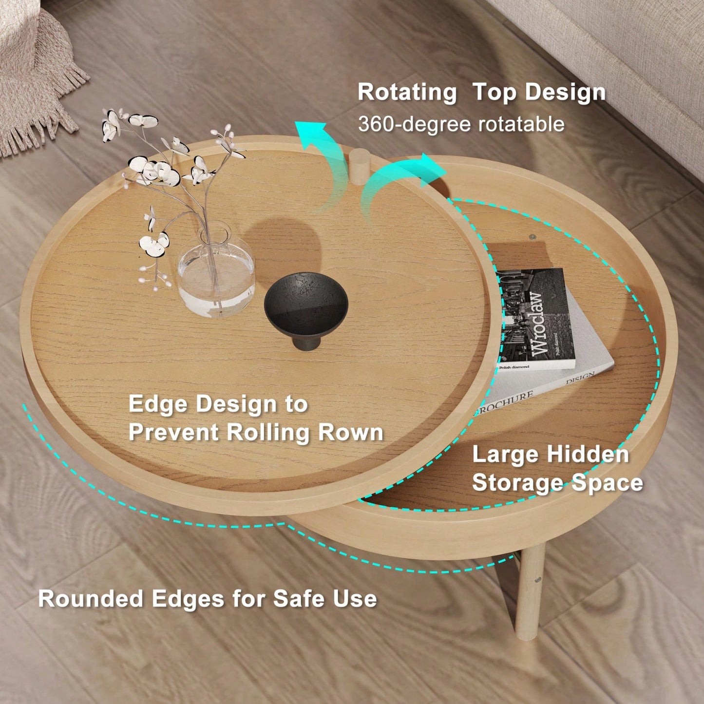 Modern Round Wood Rotating Tray Coffee Table With Storage & Metal Legs