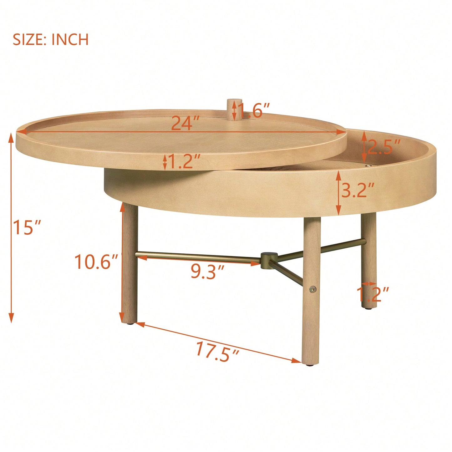 Modern Round Wood Rotating Tray Coffee Table With Storage & Metal Legs