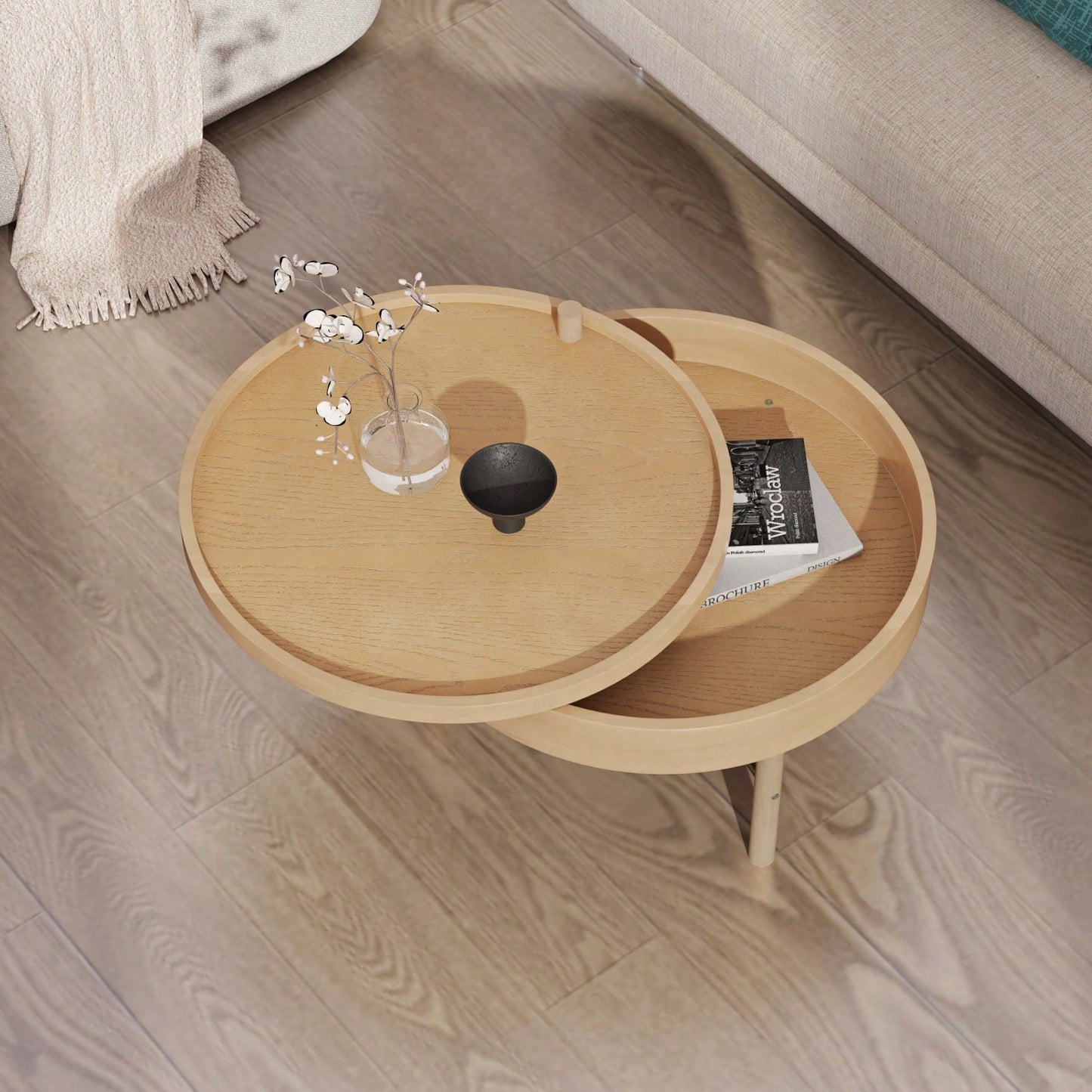 Modern Round Wood Rotating Tray Coffee Table With Storage & Metal Legs