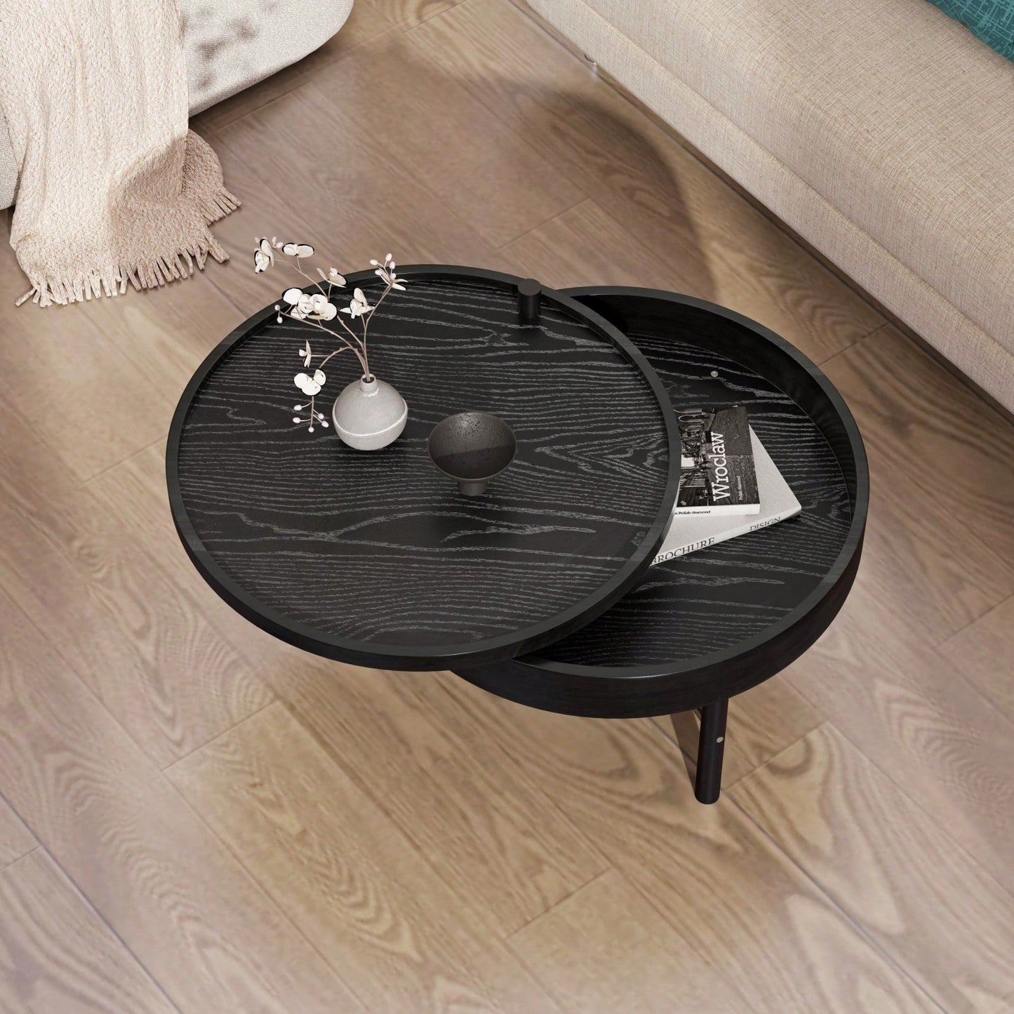 Modern Round Wood Rotating Tray Coffee Table With Storage & Metal Legs