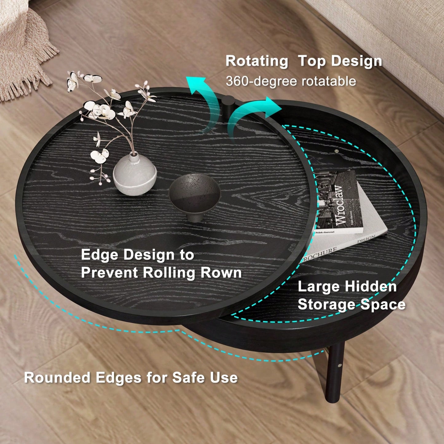 Modern Round Wood Rotating Tray Coffee Table With Storage & Metal Legs