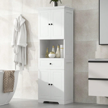 Tall Bathroom Cabinet With Four Doors, Large Storage Space Open Shelve, Upper Storage Cabinet