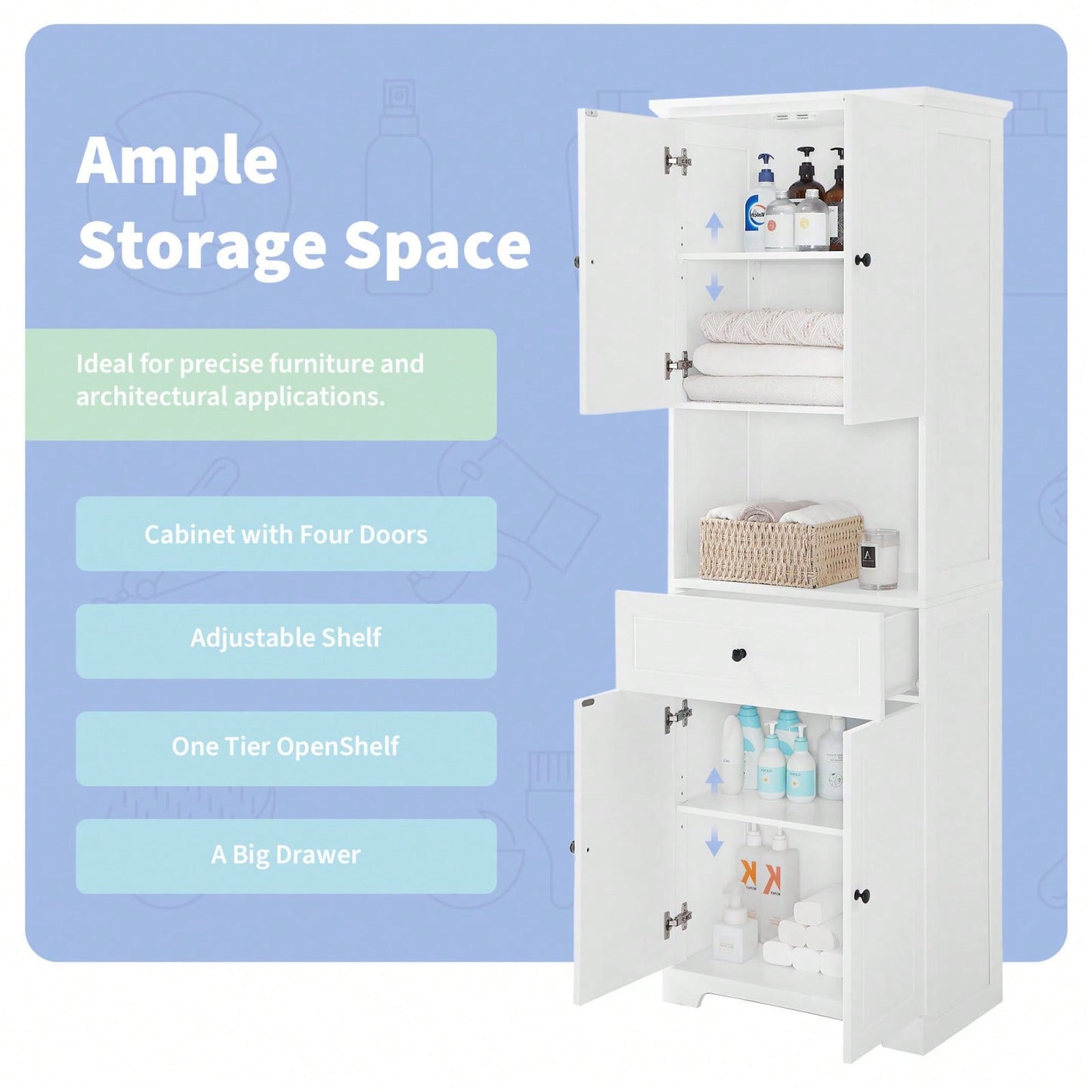 Tall Bathroom Cabinet With Four Doors, Large Storage Space Open Shelve, Upper Storage Cabinet