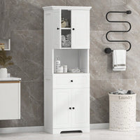 Tall Bathroom Cabinet With Four Doors, Large Storage Space Open Shelve, Upper Storage Cabinet