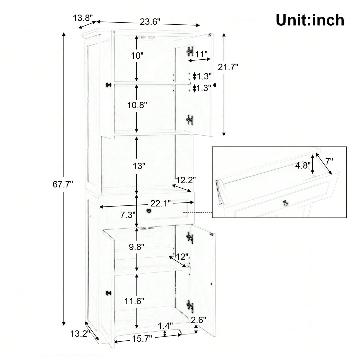 Tall Bathroom Cabinet With Four Doors, Large Storage Space Open Shelve, Upper Storage Cabinet