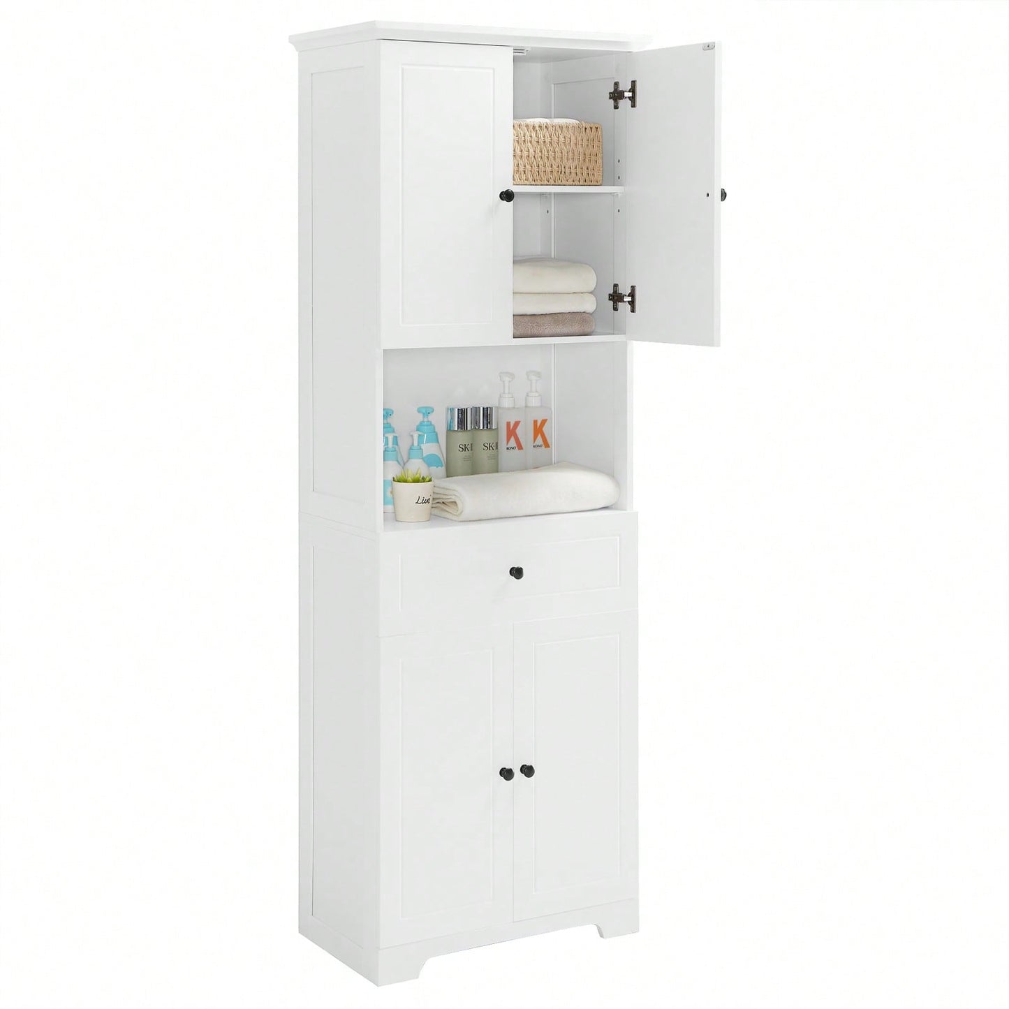 Tall Bathroom Cabinet With Four Doors, Large Storage Space Open Shelve, Upper Storage Cabinet