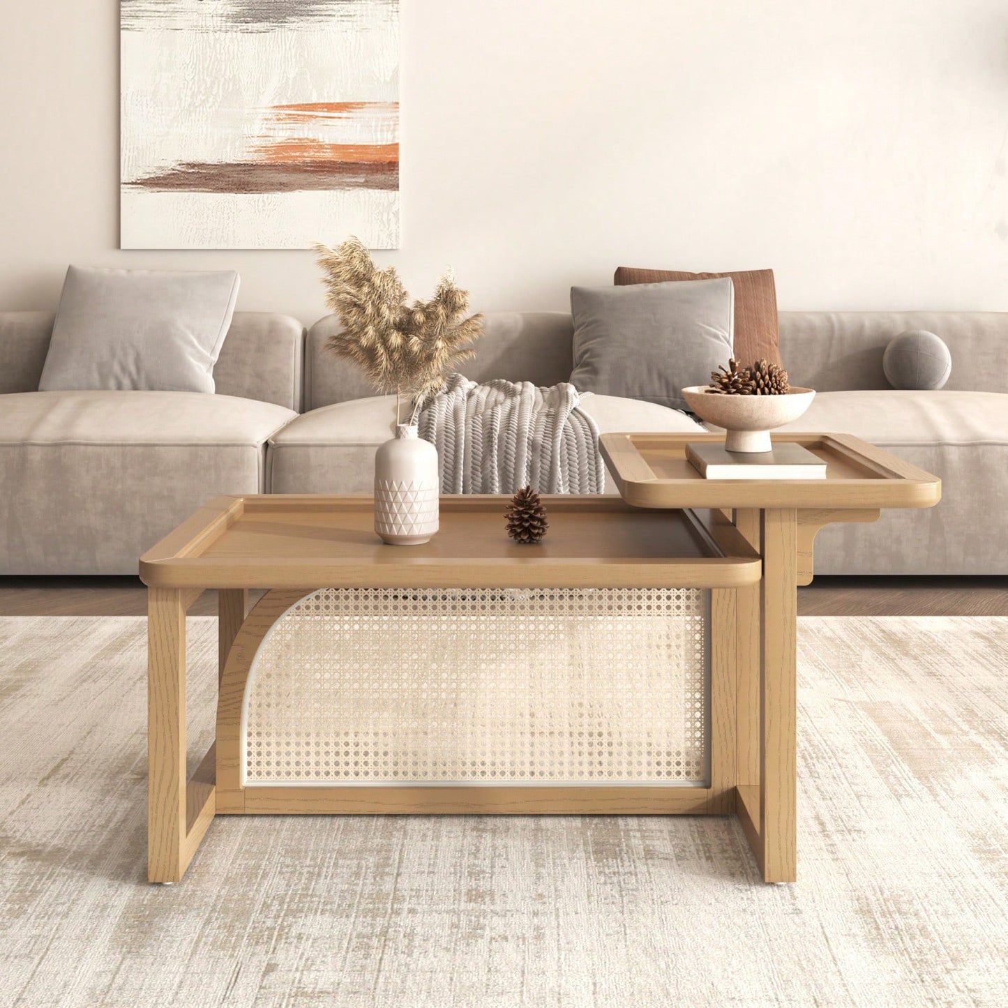 Modern 2 Piece Nesting Rattan Wood + MDF Coffee Table Set