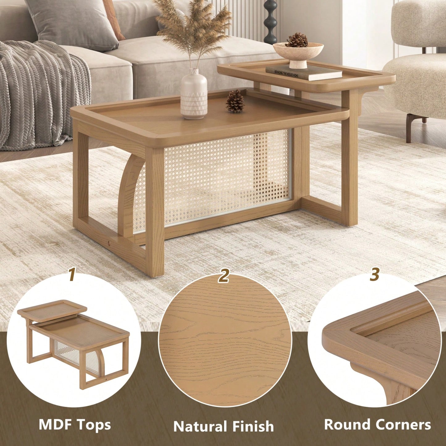 Modern 2 Piece Nesting Rattan Wood + MDF Coffee Table Set