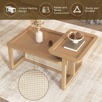Modern 2 Piece Nesting Rattan Wood + MDF Coffee Table Set