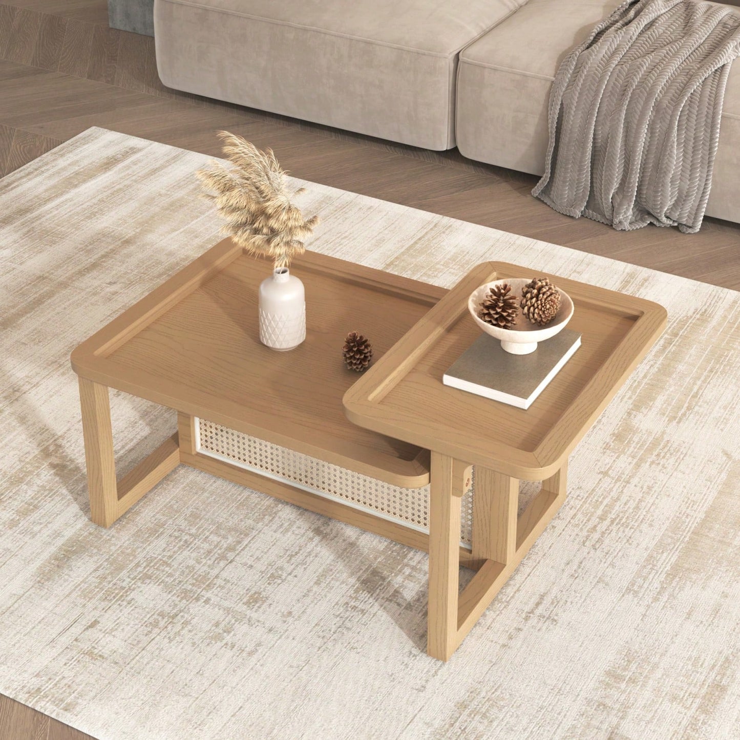 Modern 2 Piece Nesting Rattan Wood + MDF Coffee Table Set