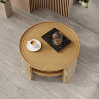 2-Tiered Round Wood Coffee Table With Storage Rattan Base