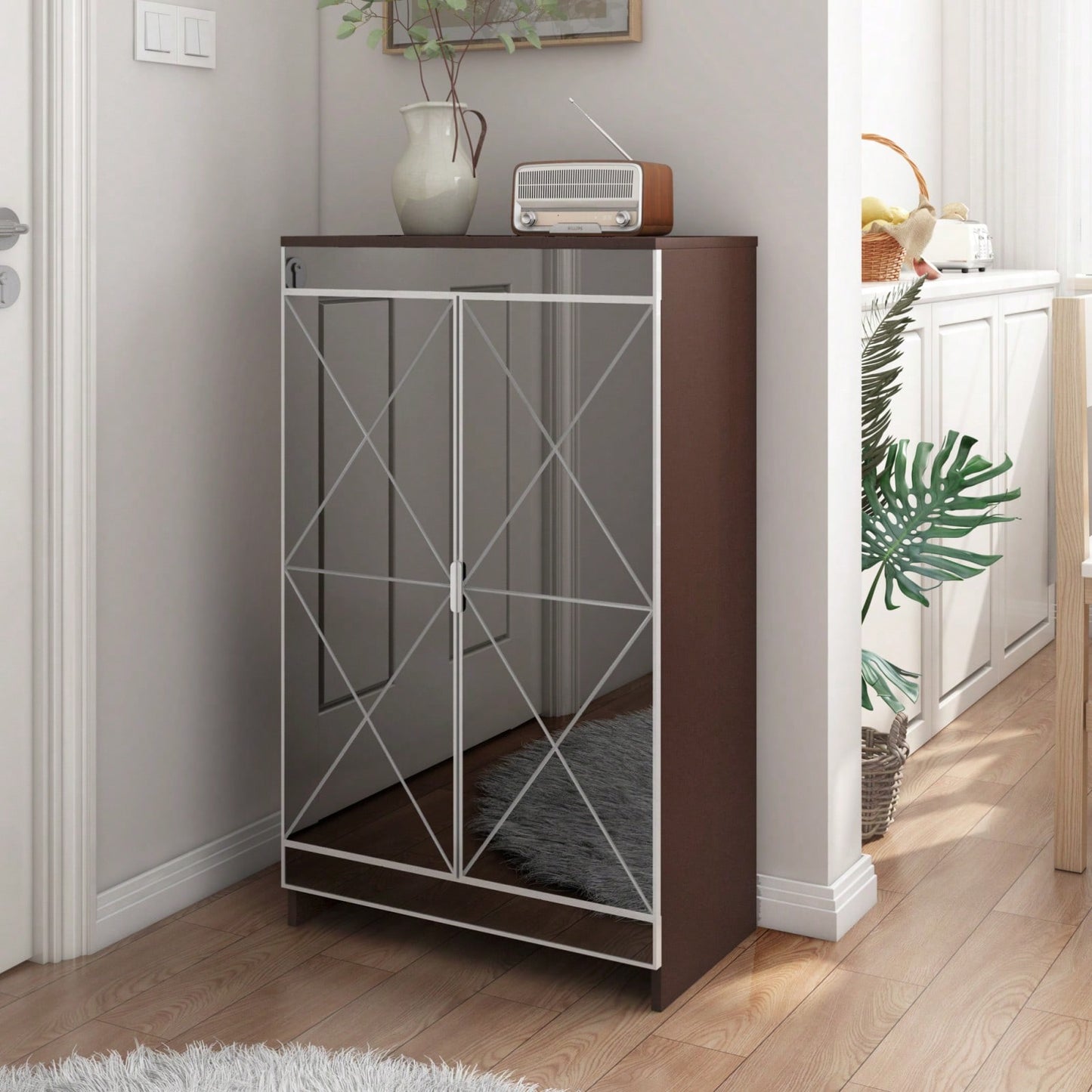 Modern Mirrored Shoe Storage Cabinet with Silver Edging and Geometric Cutouts for Entryway Vertical Design