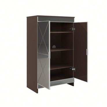 Modern Mirrored Shoe Storage Cabinet with Silver Edging and Geometric Cutouts for Entryway Vertical Design