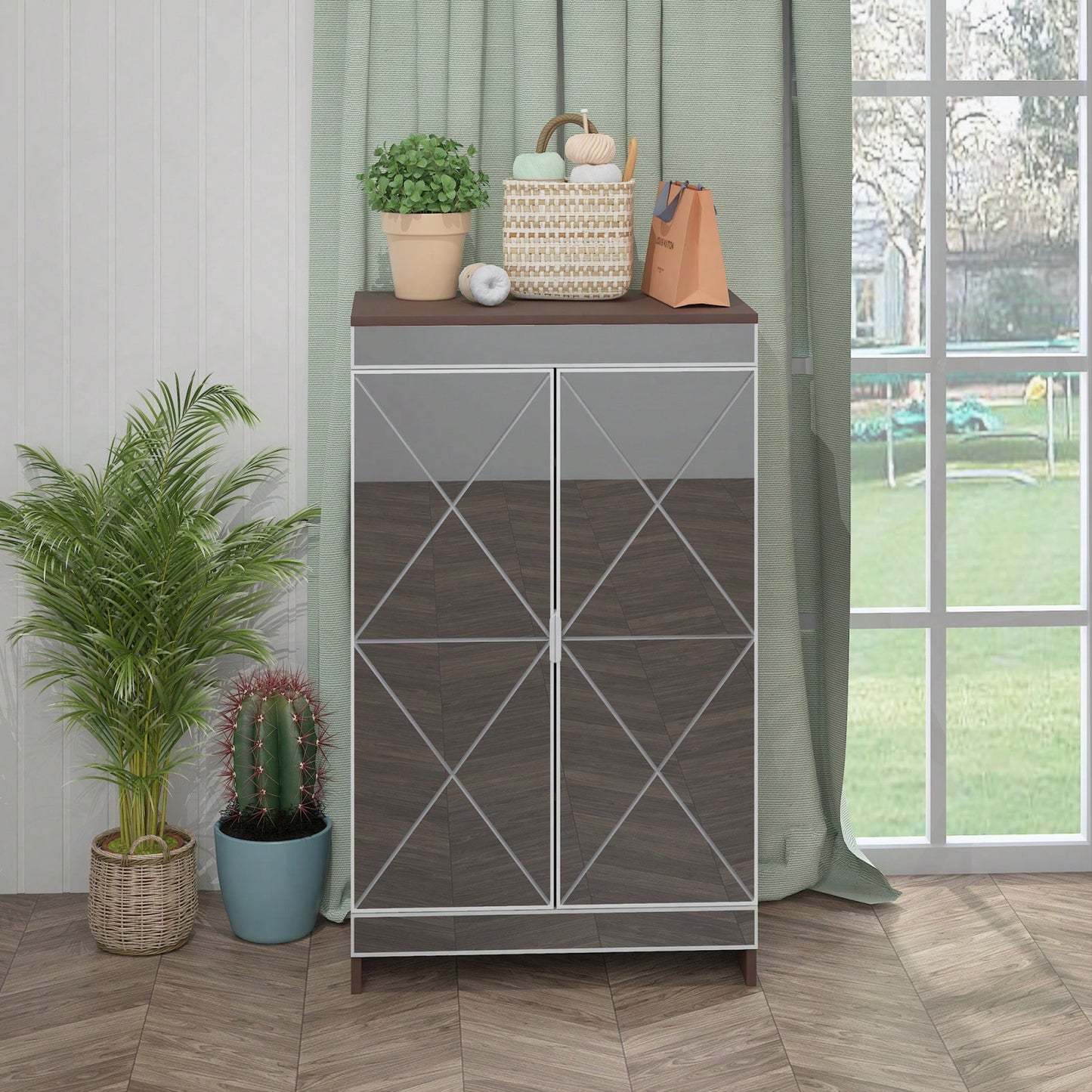 Modern Mirrored Shoe Storage Cabinet with Silver Edging and Geometric Cutouts for Entryway Vertical Design