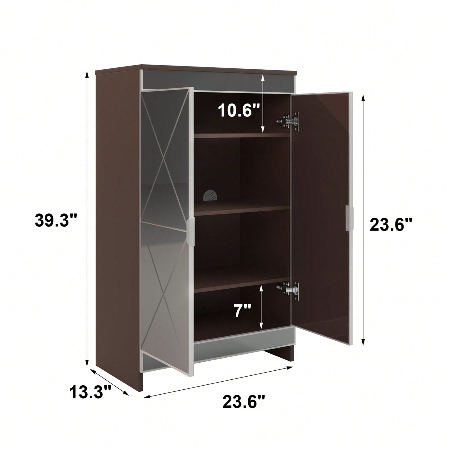 Modern Mirrored Shoe Storage Cabinet with Silver Edging and Geometric Cutouts for Entryway Vertical Design