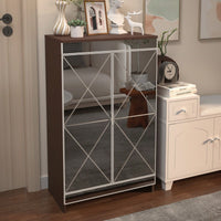 Modern Mirrored Shoe Storage Cabinet with Silver Edging and Geometric Cutouts for Entryway Vertical Design