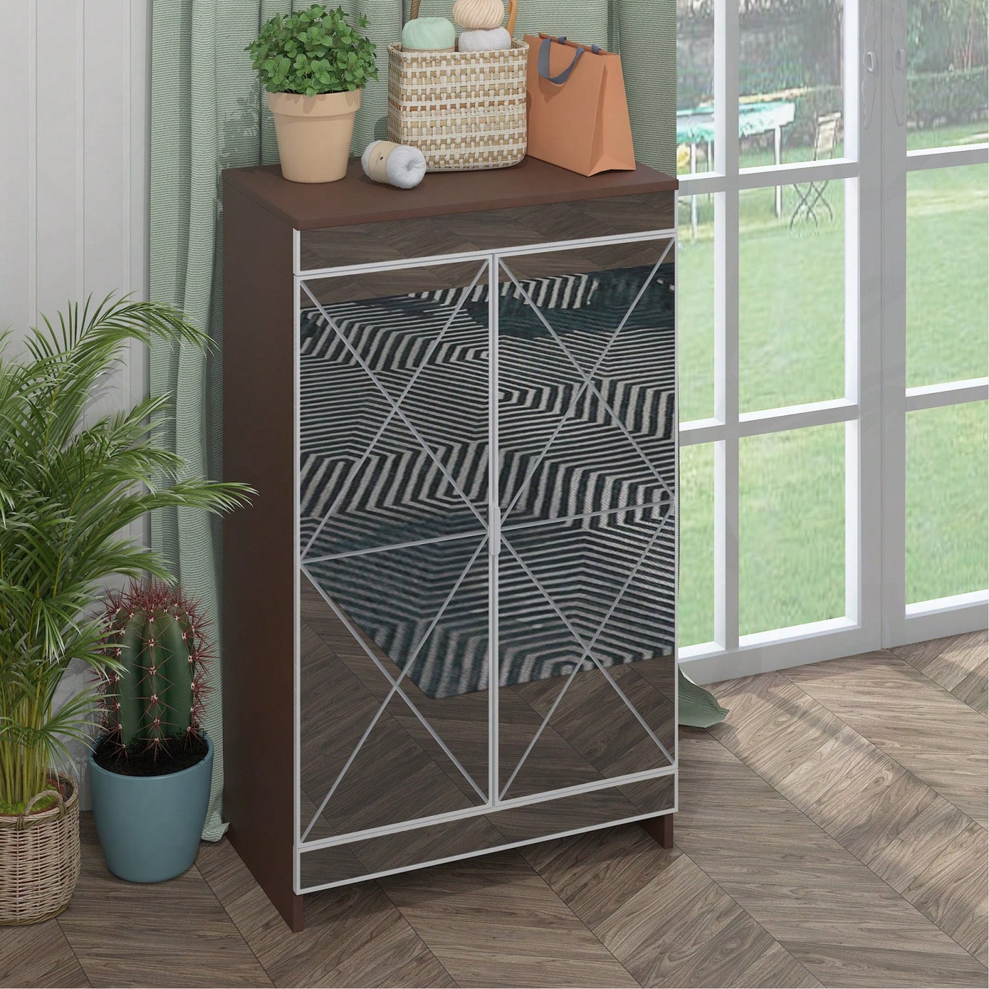 Modern Mirrored Shoe Storage Cabinet with Silver Edging and Geometric Cutouts for Entryway Vertical Design