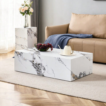 Modern MDF Coffee Table With Marble Pattern Stylish Durable Design 39.37x23.62x11.81 Inches Easy Assembly Living Room Furniture