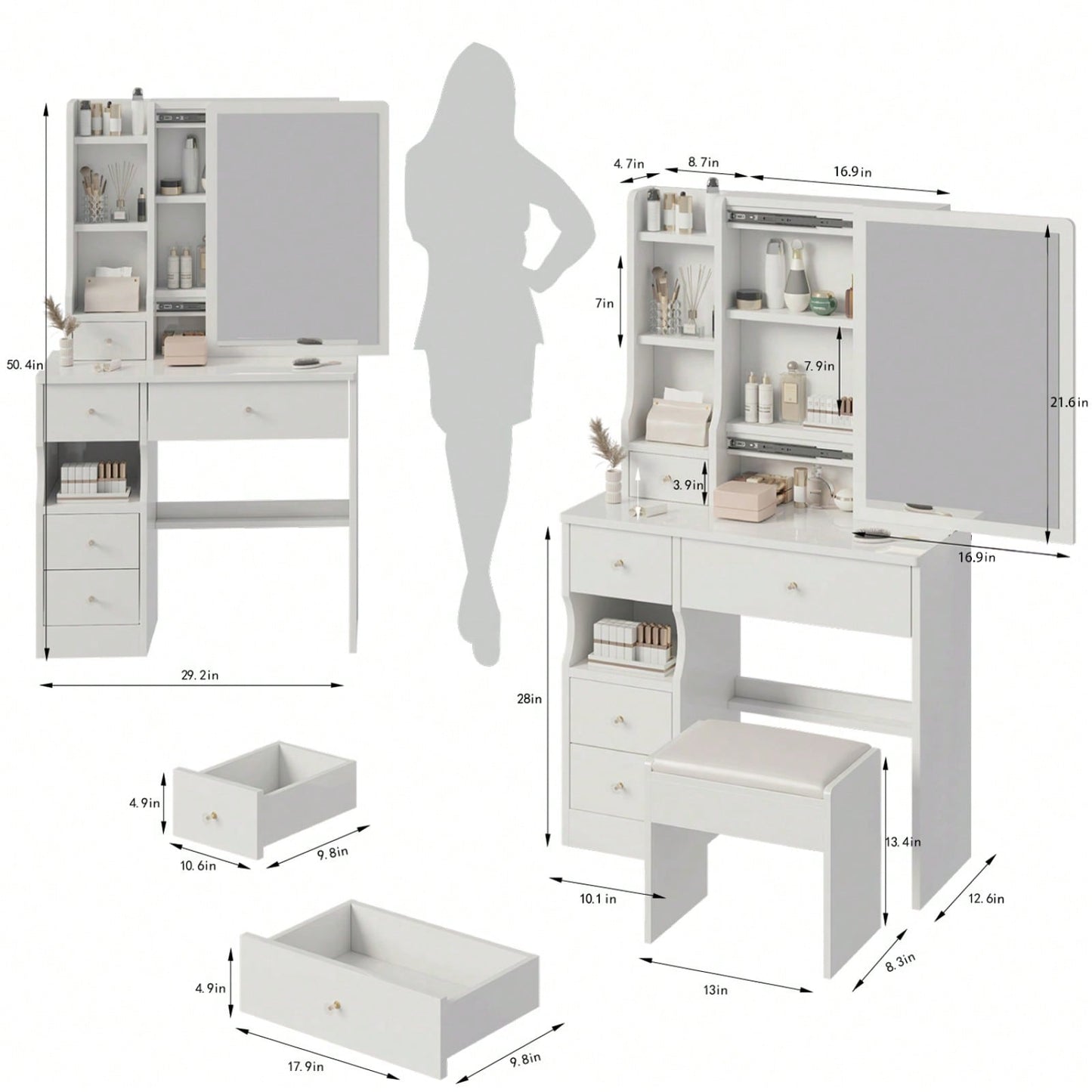 Compact Desktop Vanity Table with Cushioned Stool and Extra Large Mirror for Girls Up to 5.6ft Tall