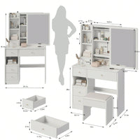 Compact Desktop Vanity Table with Cushioned Stool and Extra Large Mirror for Girls Up to 5.6ft Tall