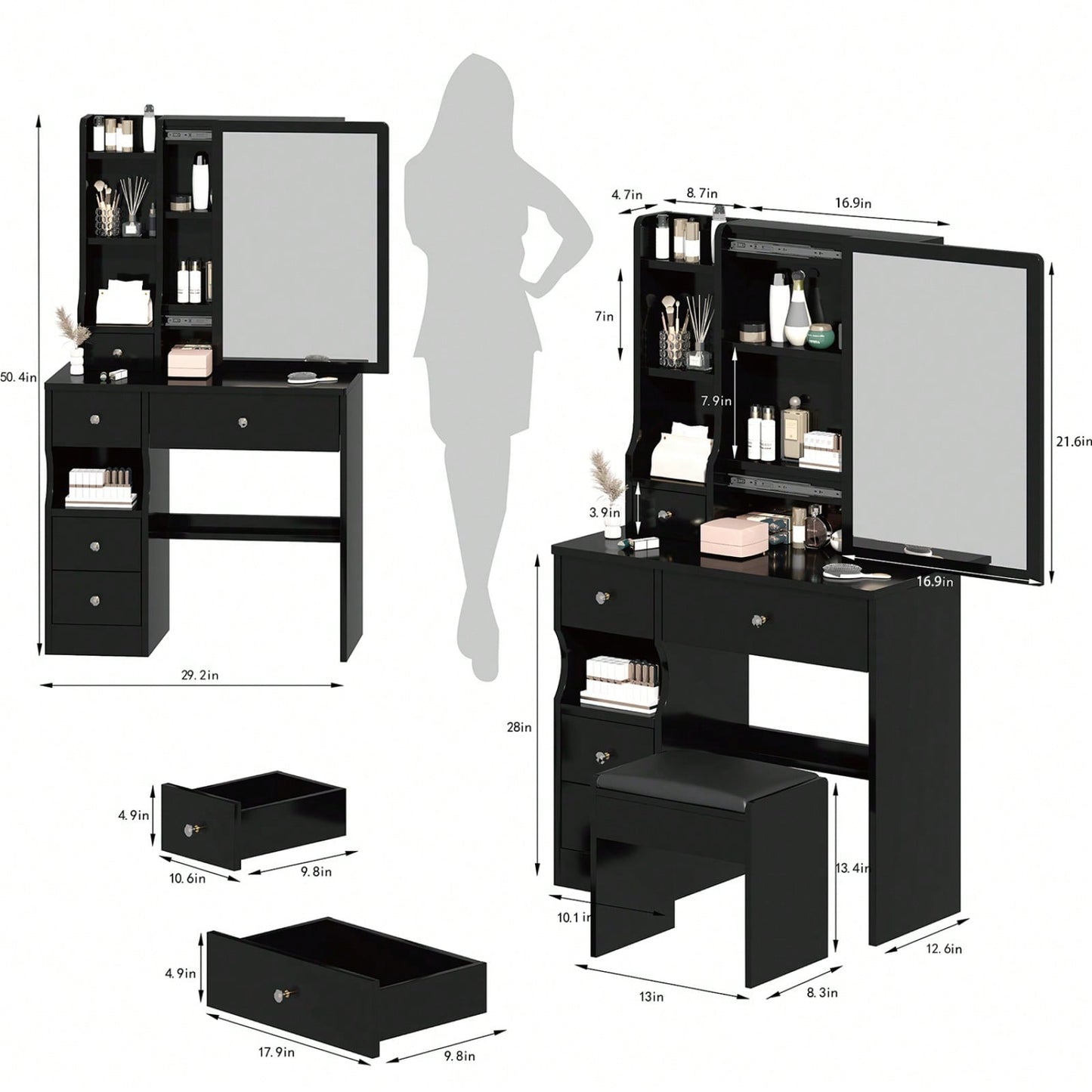 Compact Desktop Vanity Table with Cushioned Stool and Extra Large Mirror for Girls Up to 5.6ft Tall