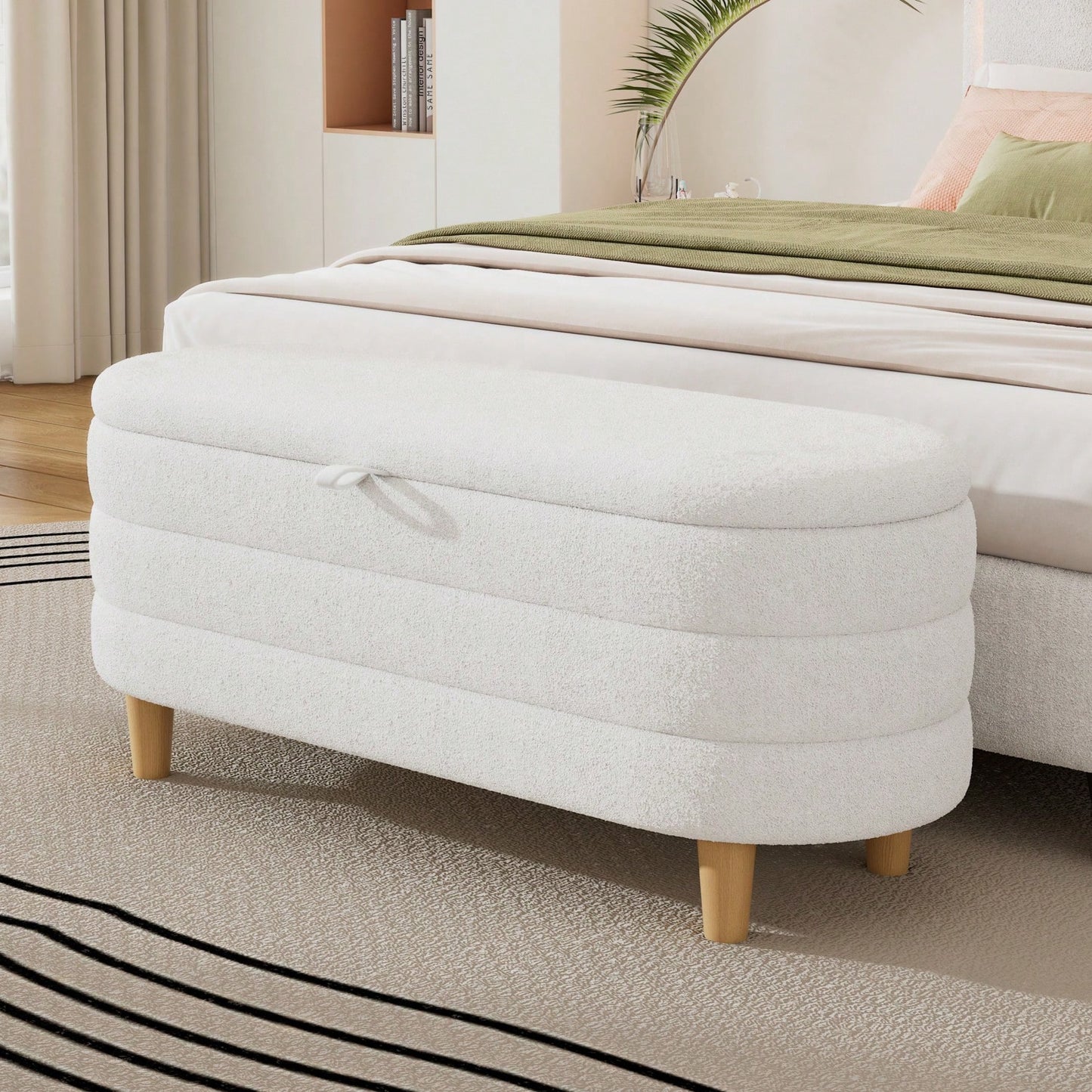 Stylish Sherpa Fabric Storage Ottoman with Wooden Legs for Bedroom and Living Room, White Blanket and Toy Organizer, 250LBS Capacity