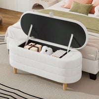 Stylish Sherpa Fabric Storage Ottoman with Wooden Legs for Bedroom and Living Room, White Blanket and Toy Organizer, 250LBS Capacity