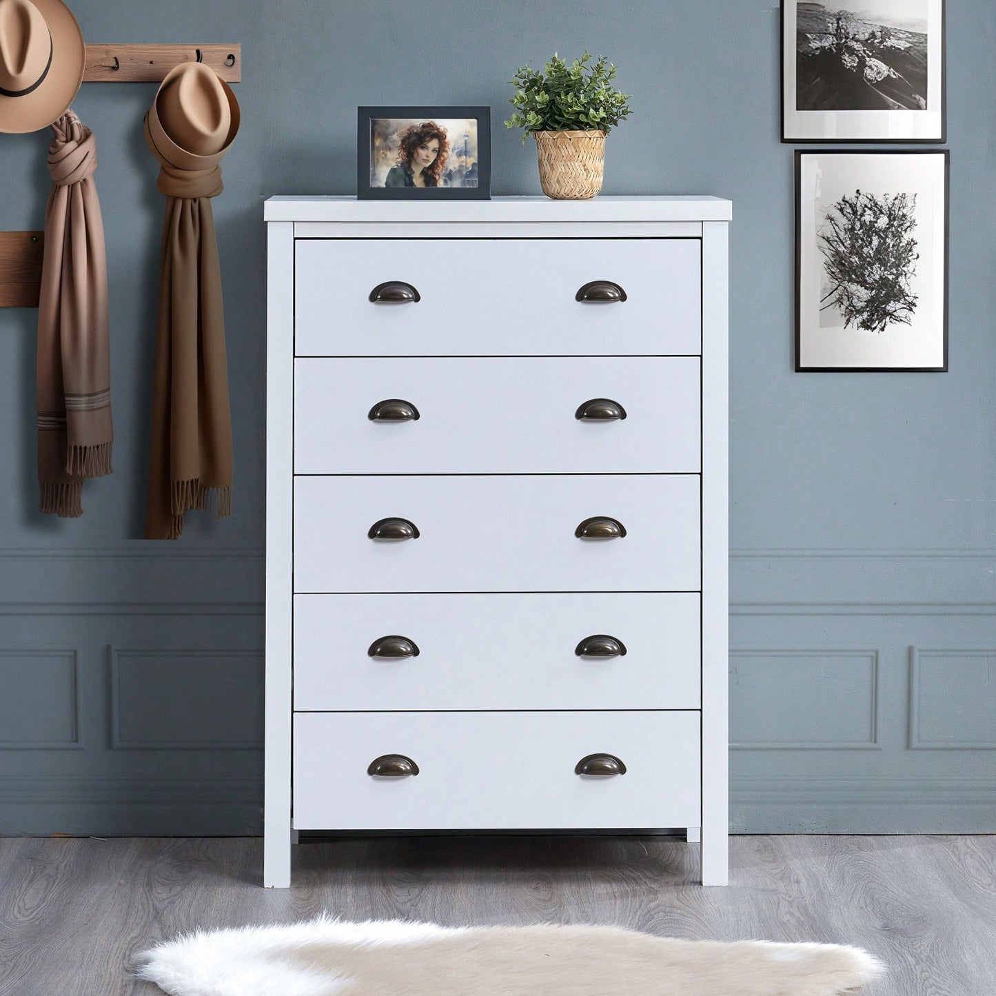 Modern White 5 Drawer Chest with Interlock System Easy Assembly Spacious Storage Stylish Minimalist Design Durable Construction