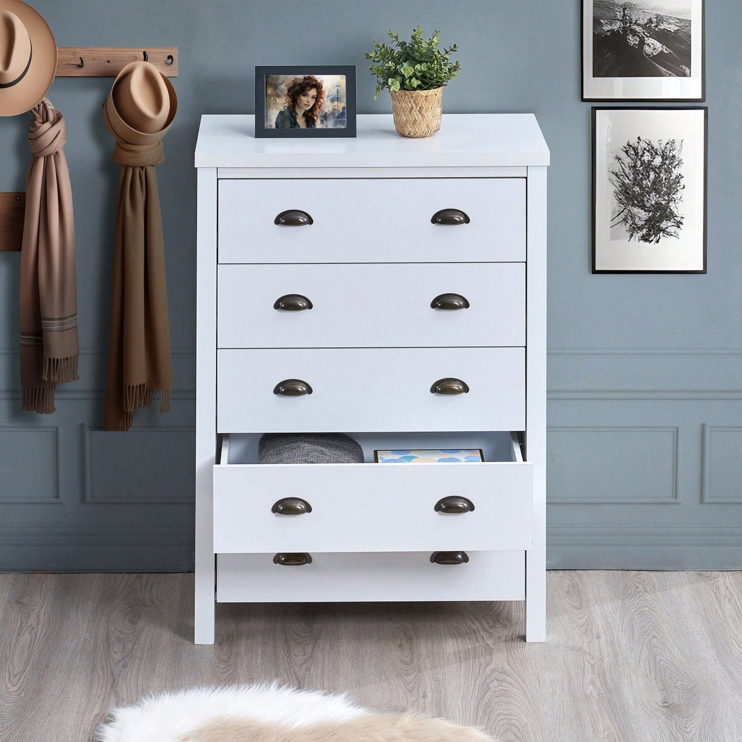 Modern White 5 Drawer Chest with Interlock System Easy Assembly Spacious Storage Stylish Minimalist Design Durable Construction