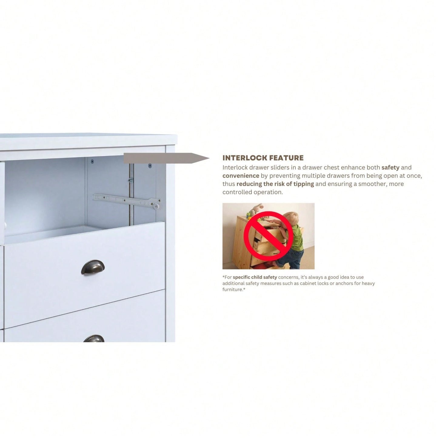 Modern White 5 Drawer Chest with Interlock System Easy Assembly Spacious Storage Stylish Minimalist Design Durable Construction
