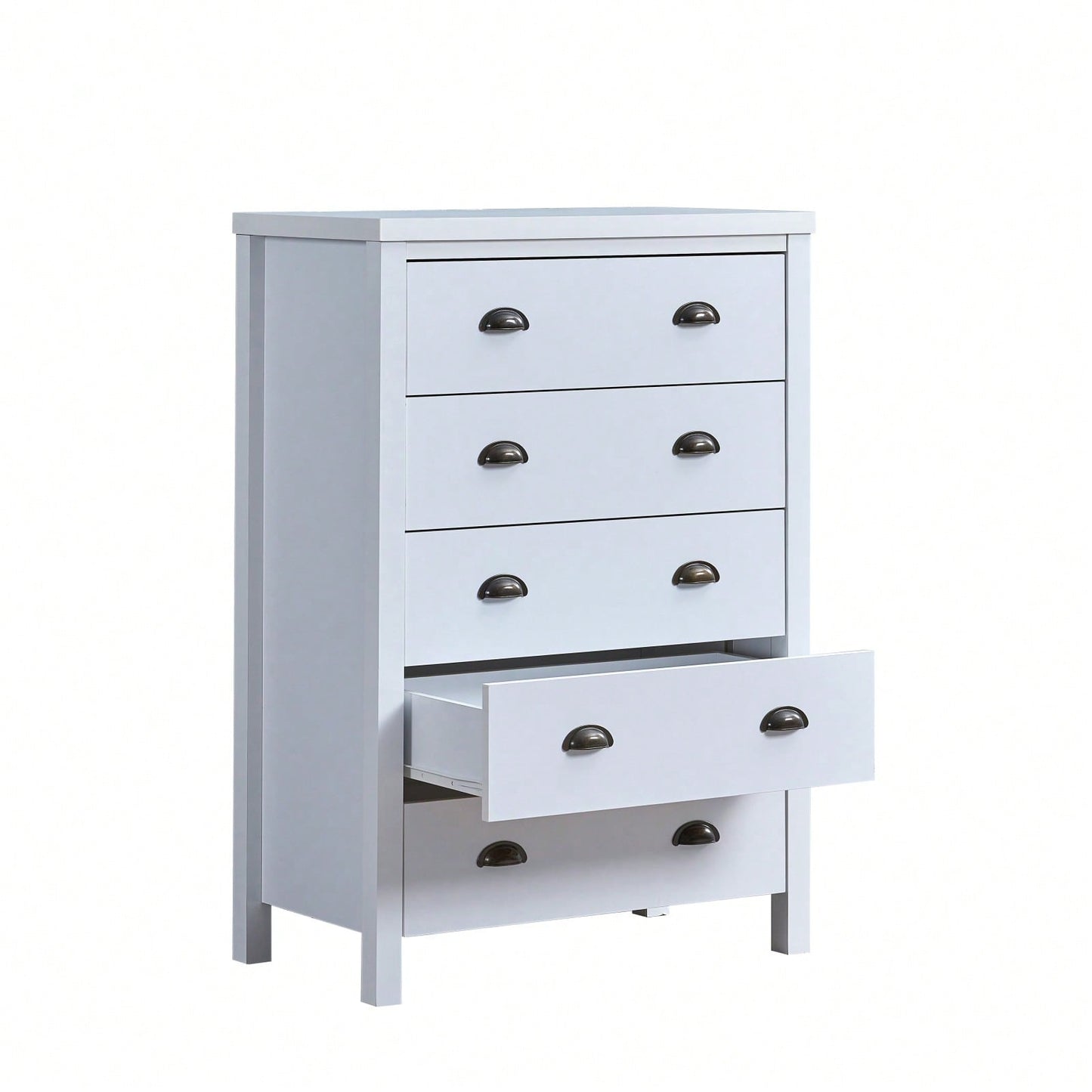 Modern White 5 Drawer Chest with Interlock System Easy Assembly Spacious Storage Stylish Minimalist Design Durable Construction