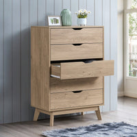 Tall 5 Drawer Dresser with Interlock Drawers Natural Oak Finish Easy Assembly Spacious Storage Safe Stylish Design