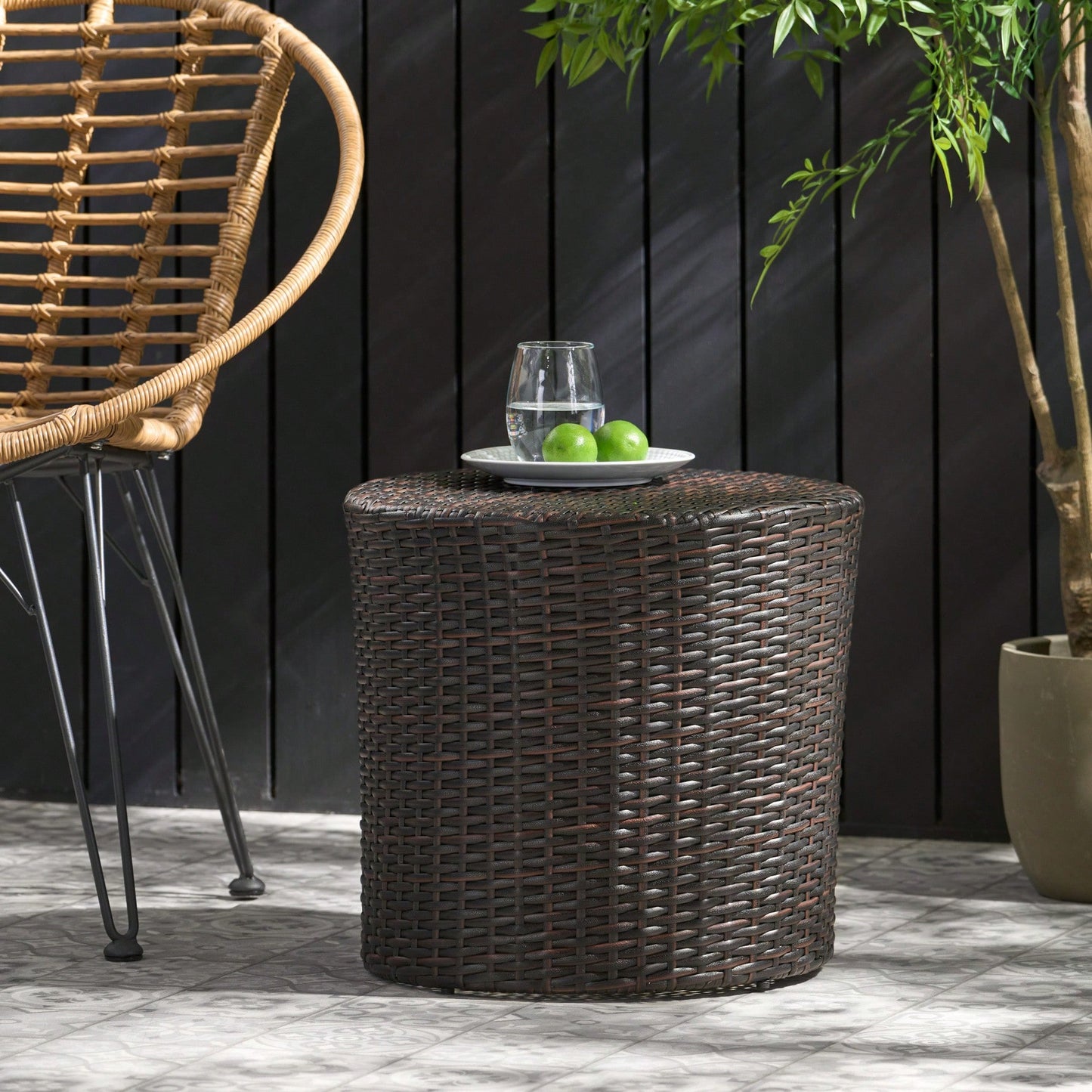 All-Weather PE Rattan Wicker Barrel Side Table with Iron Frame for Garden Balcony Poolside Use