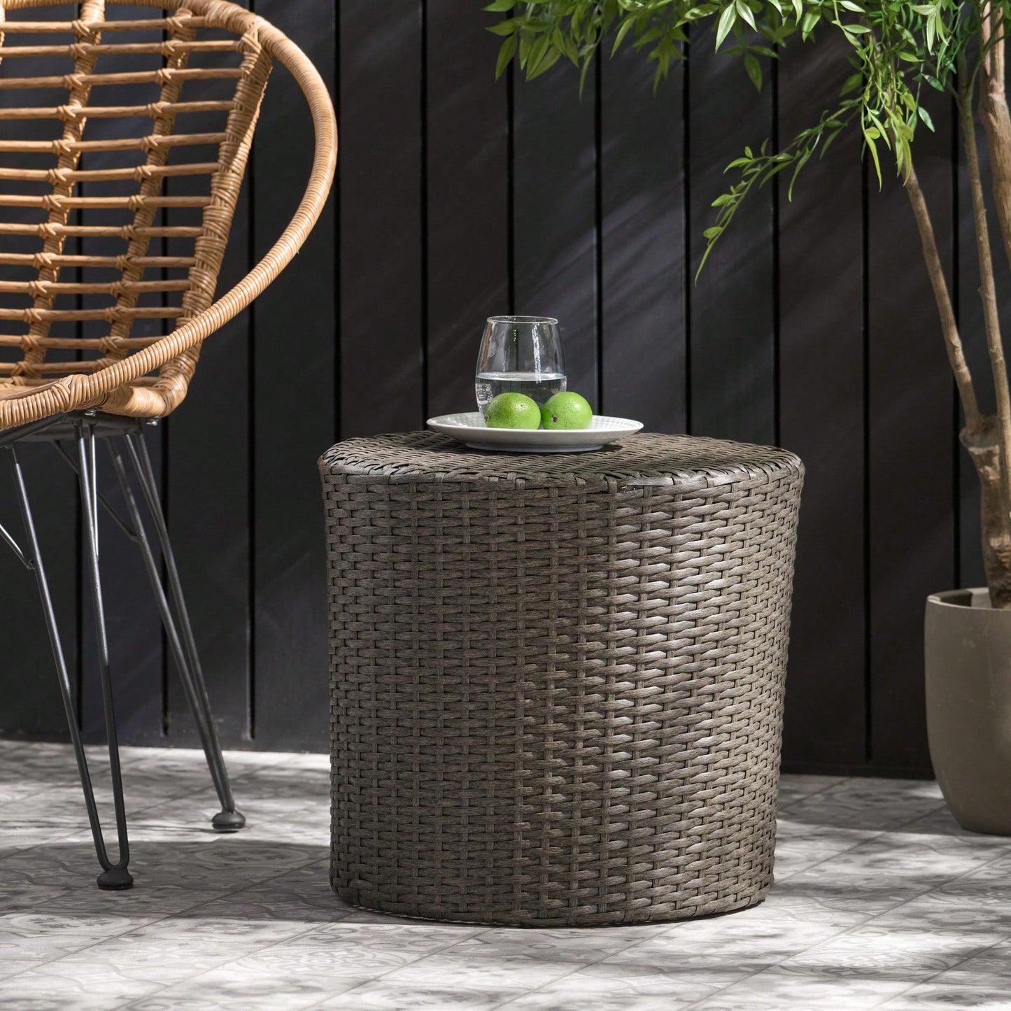 All-Weather PE Rattan Wicker Barrel Side Table with Iron Frame for Garden Balcony Poolside Use