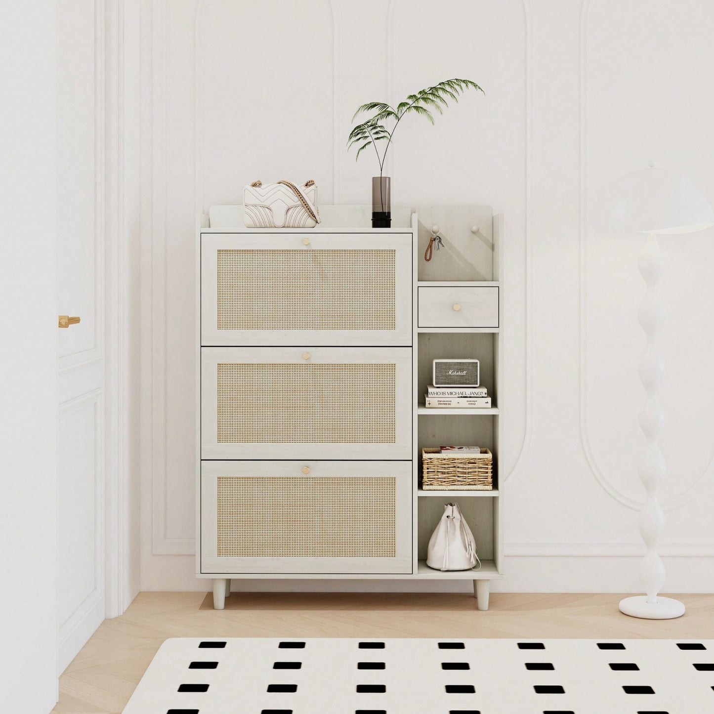 Bohemia Rattan Shoe Cabinet with Adjustable Shelves and Hooks for Entryway Storage