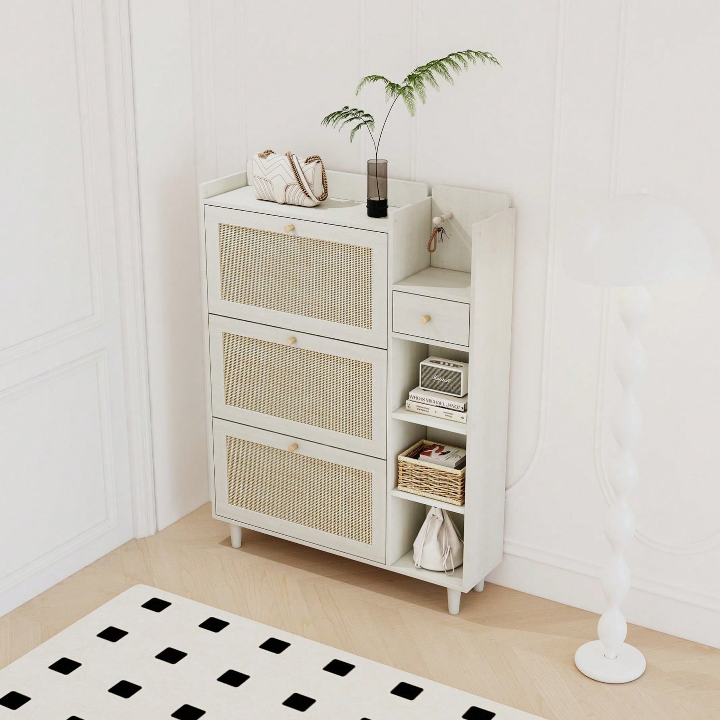 Bohemia Rattan Shoe Cabinet with Adjustable Shelves and Hooks for Entryway Storage