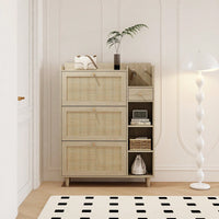 Bohemia Rattan Shoe Cabinet with Adjustable Shelves and Hooks for Entryway Storage