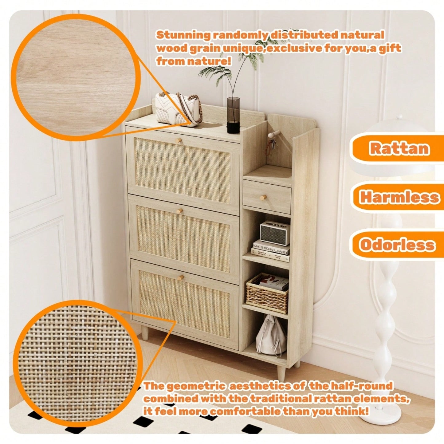 Bohemia Rattan Shoe Cabinet with Adjustable Shelves and Hooks for Entryway Storage