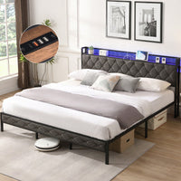 King Upholstered Bed Frame with Storage Headboard Charging Station LED Lights Heavy Metal Slats No Box Spring Needed Easy Assembly