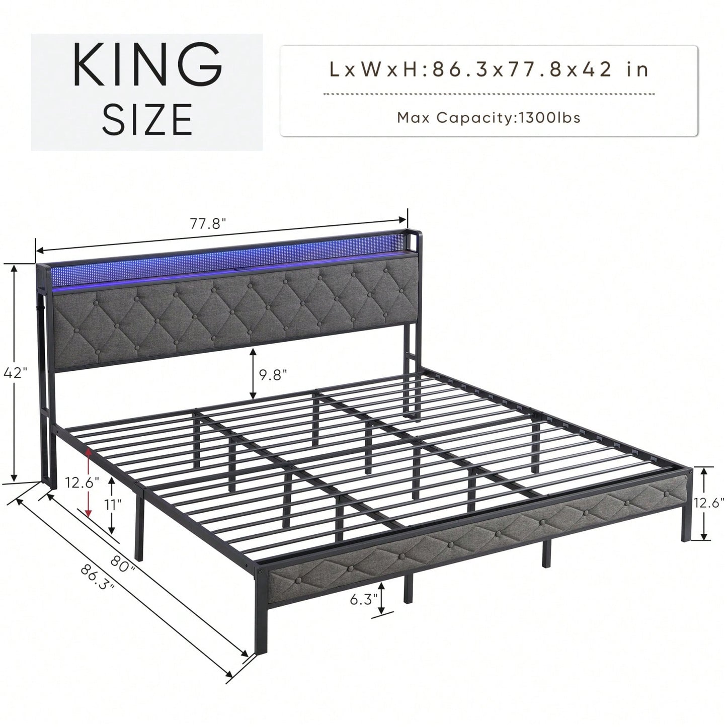 King Upholstered Bed Frame with Storage Headboard Charging Station LED Lights Heavy Metal Slats No Box Spring Needed Easy Assembly