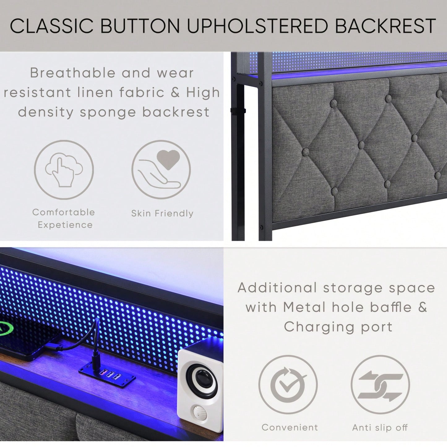 King Upholstered Bed Frame with Storage Headboard Charging Station LED Lights Heavy Metal Slats No Box Spring Needed Easy Assembly