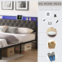 King Upholstered Bed Frame with Storage Headboard Charging Station LED Lights Heavy Metal Slats No Box Spring Needed Easy Assembly