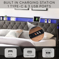 King Upholstered Bed Frame with Storage Headboard Charging Station LED Lights Heavy Metal Slats No Box Spring Needed Easy Assembly